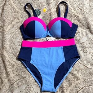 Boden Portofino High Waist Bikini Bottoms Size 6 Blue & Pink Color Block